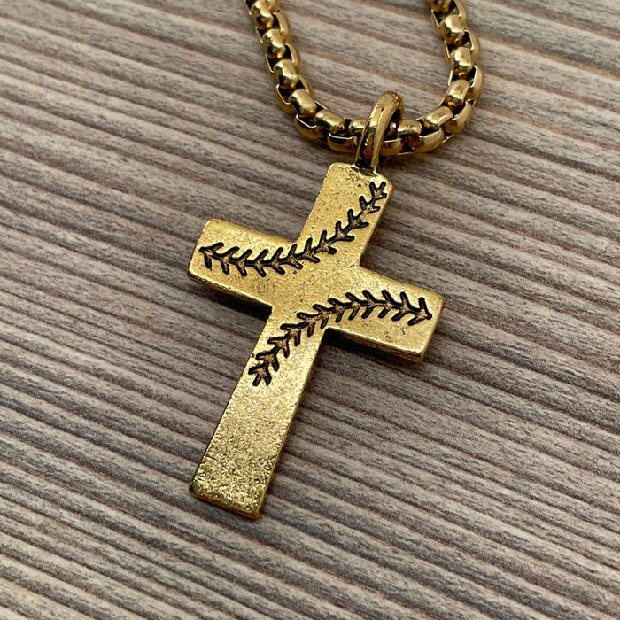 Baseball Stitch Cross Gold Finish Necklace on Heavy Chain