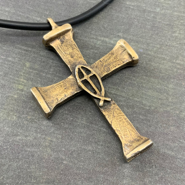 Horse Nails Cross Fish Antique Brass Finish Necklace - Forgiven Jewelry