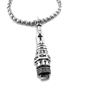 Spark Plug With Cross Christian Pendant Silver on Heavy Chain - Forgiven Jewelry