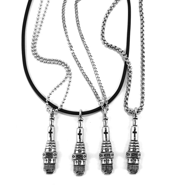 Spark Plug With Cross Christian Pendant Silver on Heavy Chain - Forgiven Jewelry