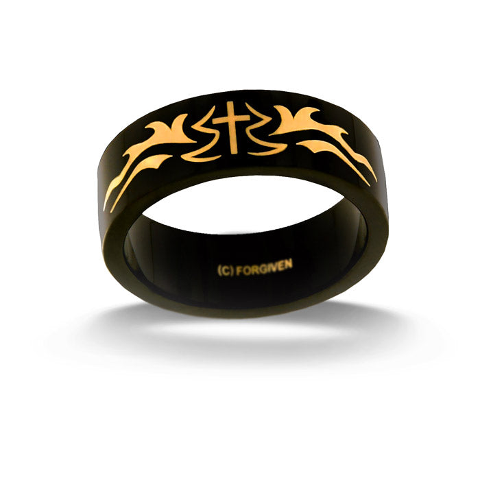 Tribal Black Cross Band Ring - Forgiven Jewelry
